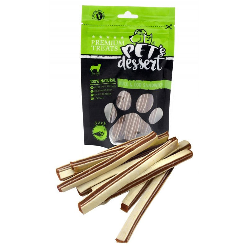 PET'S DESSERT Sandwich, XS-XL, Rață și Cod, punguță recompense fără cereale câini, 80g - poza 2