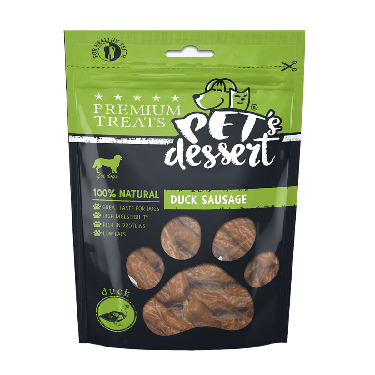 PET'S DESSERT Sausage, XS-XL, Rață, punguță recompense fără cereale câini, 80g - poza 1