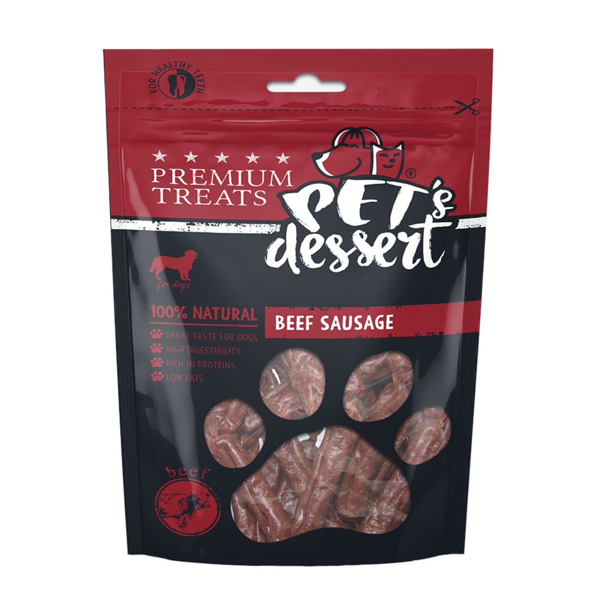 PET'S DESSERT Sausage, XS-XL, Vită, punguță recompense fără cereale câini, 80g - poza 1