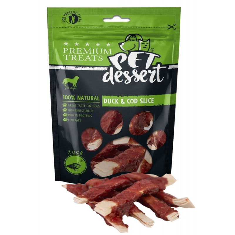 PET'S DESSERT Soft Slice, XS-XL, Rață și Cod, punguță recompense fără cereale câini, 80g - poza 2