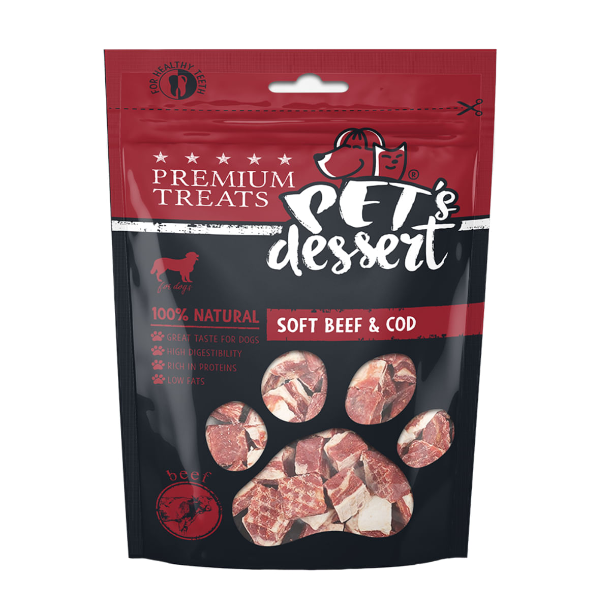 PET'S DESSERT Soft, XS-XL, Vită și Cod, punguță recompense fără cereale câini, 80g - poza 2