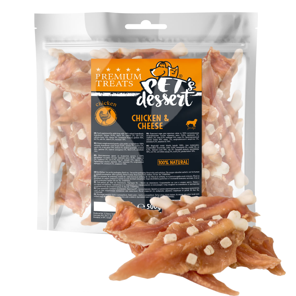 PET'S DESSERT, XS-XL, Pui și Brânză, punguță recompense fără cereale câini, 500g - poza 1