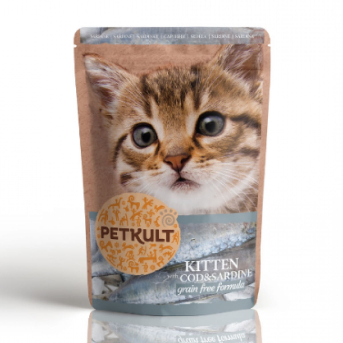 PETKULT Kitten, Cod şi Sardine, plic hrană umedă fără cereale pisici junior, 100g - poza 1