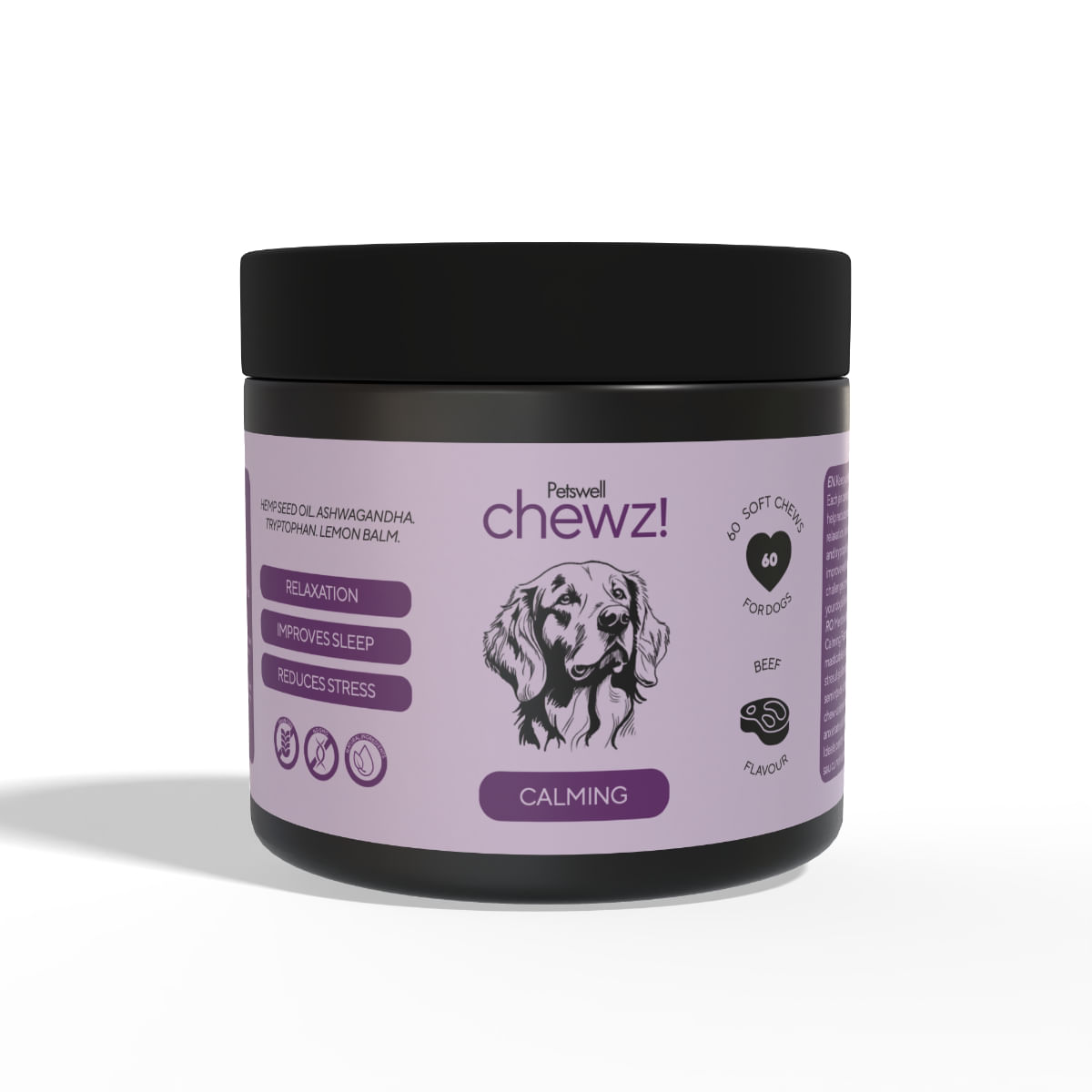 PETSWELL Chewz Calming, supliment sistem nervos & calmante câini, Vită, comprimate masticabile PETSWELL Chewz Calming, supliment sistem nervos & calmante câini, Vită, flacon, 60 comprimate masticabile - poza 1