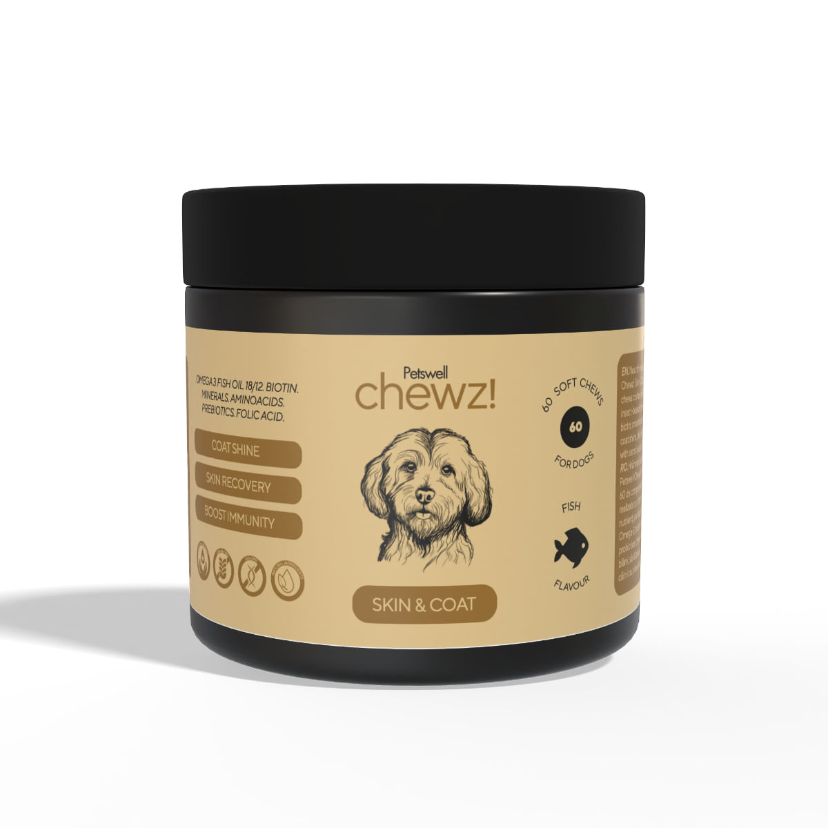 PETSWELL Chewz Skin & Coat, supliment piele & blană câini, Pește, comprimate masticabile PETSWELL Chewz Skin & Coat, supliment piele & blană câini, Pește, flacon, 60 comprimate masticabile - poza 1