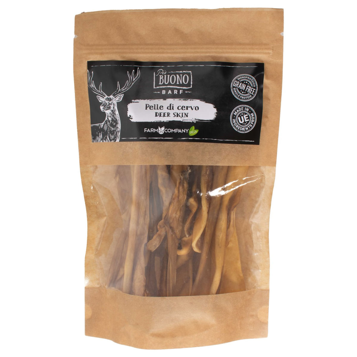 PIU BUONO Piele Uscata de Caprioara, XS-XL, punguță recompense câini, 250g