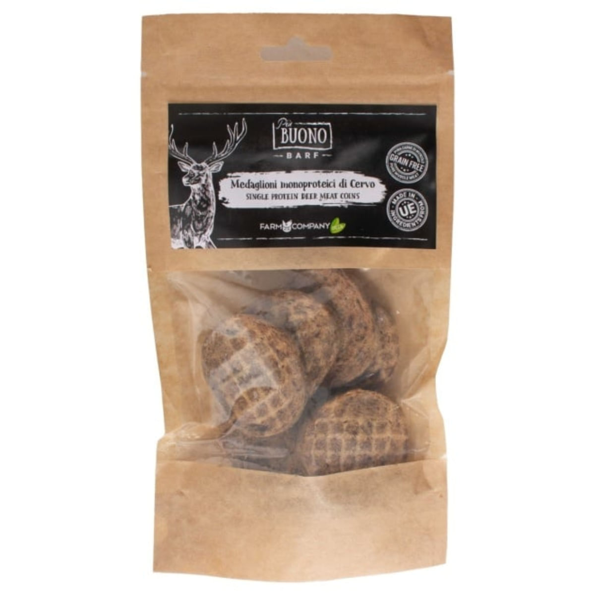 PIU BUONO Single Protein Meat Coins, XS-XL, Căprioară, punguță recompense monoproteice BARF câini, 80g - poza 2