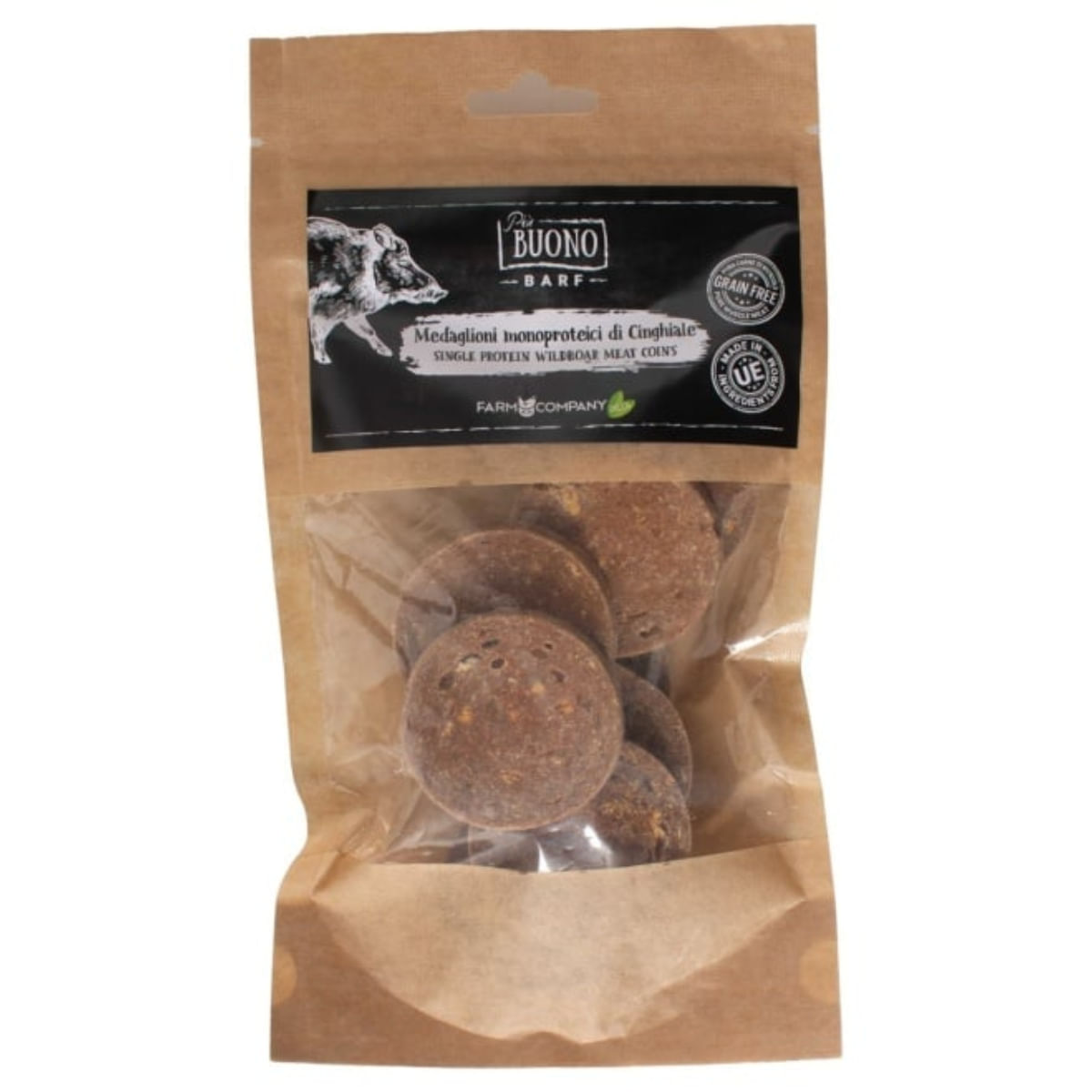 PIU BUONO Single Protein Meat Coins, XS-XL, Mistreț, punguță recompense monoproteice BARF câini, 80g - poza 2
