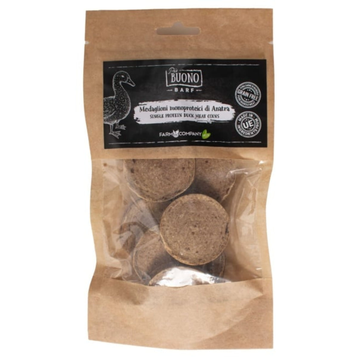PIU BUONO Single Protein Meat Coins, XS-XL, Rață, punguță recompense monoproteice BARF câini, 70g - poza 2
