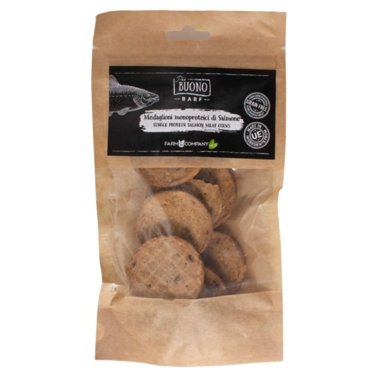 PIU BUONO Single Protein Meat Coins, XS-XL, Somon, punguță recompense monoproteice BARF câini, 70g - poza 1