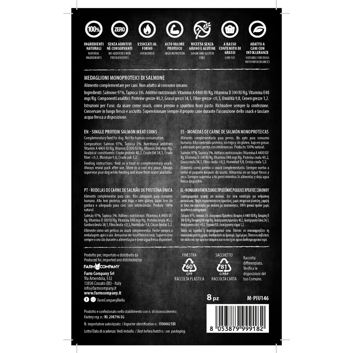 PIU BUONO Single Protein Meat Coins, XS-XL, Somon, punguță recompense monoproteice BARF câini, 70g - poza 3