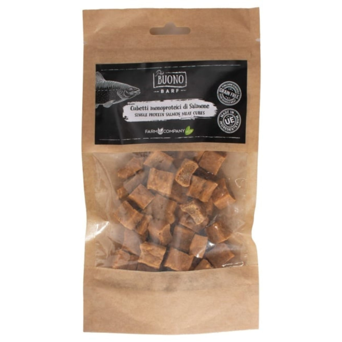 PIU BUONO Single Protein Meat Cubes, XS-XL, Somon, punguță recompense monoproteice BARF câini, 70g - poza 1