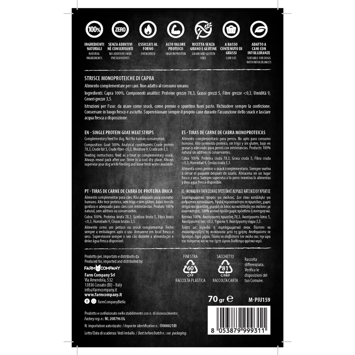 PIU BUONO Single Protein Meat Strips, XS-XL, Capră, punguță recompense monoproteice BARF câini, 70g - poza 3