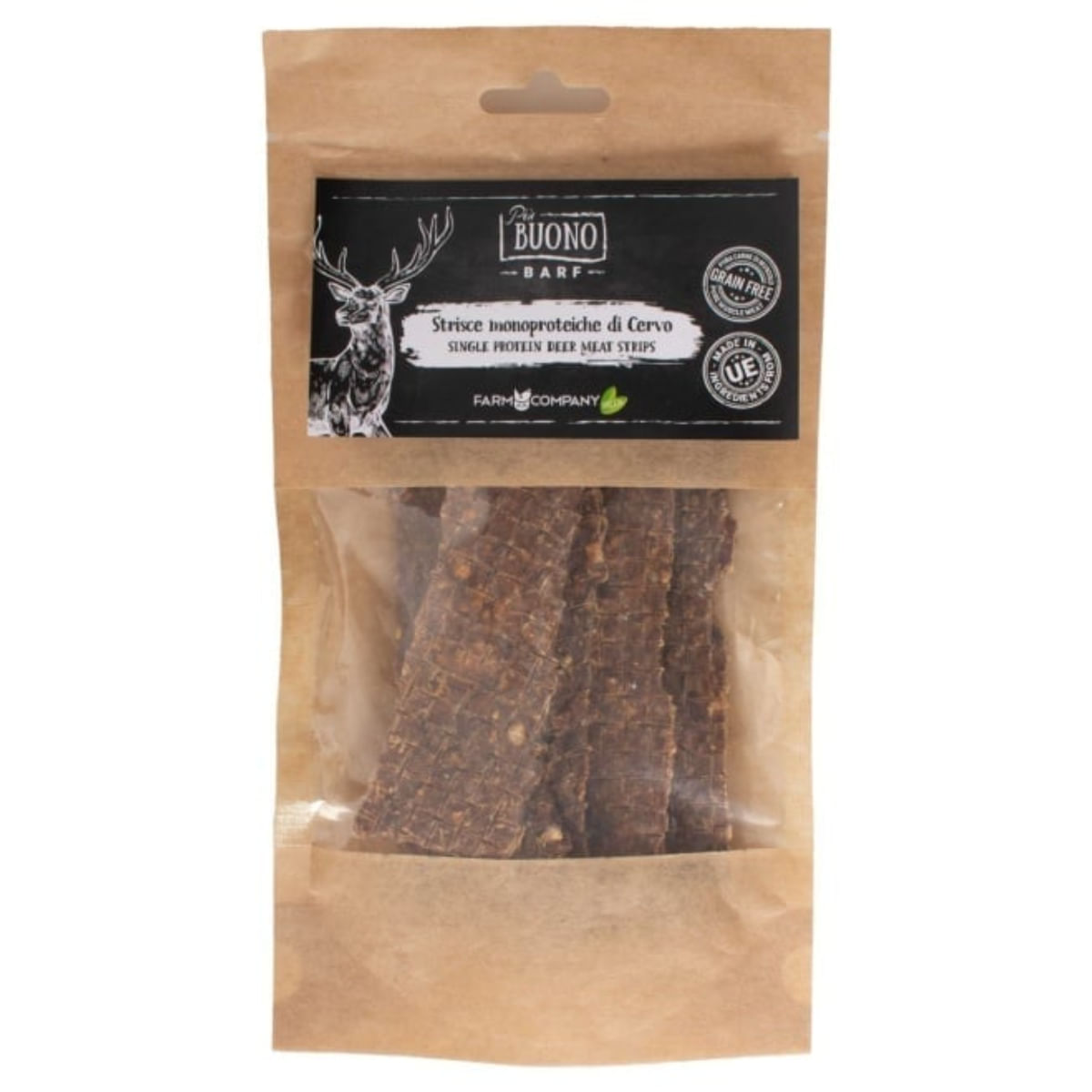 PIU BUONO Single Protein Meat Strips, XS-XL, Căprioară, punguță recompense monoproteice BARF câini, 70g