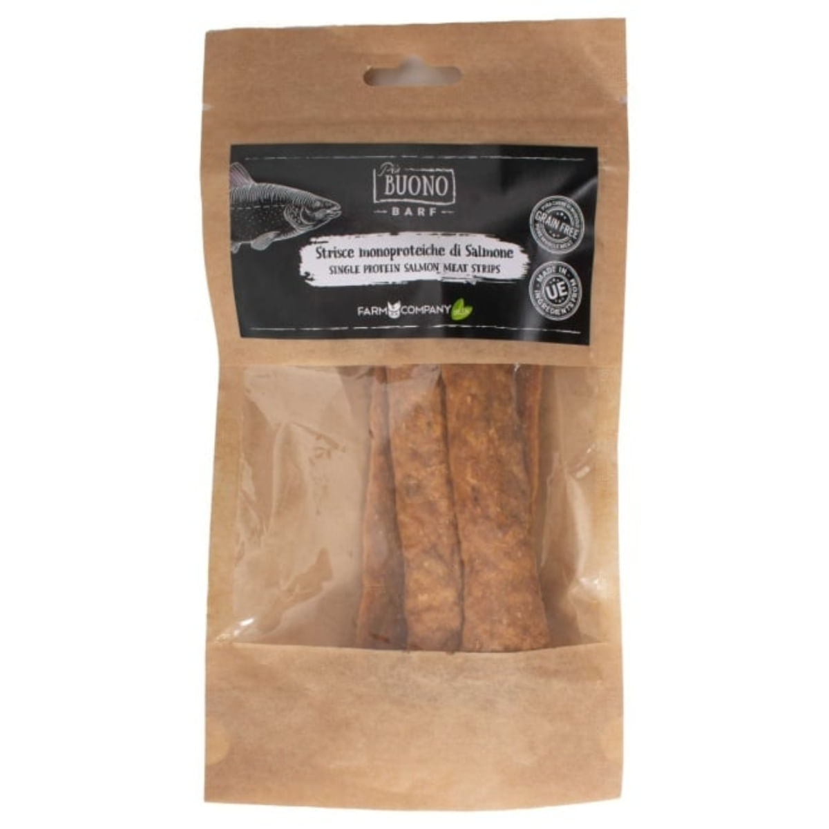 PIU BUONO Single Protein Meat Strips, XS-XL, Somon, punguță recompense monoproteice BARF câini, 70g - poza 2