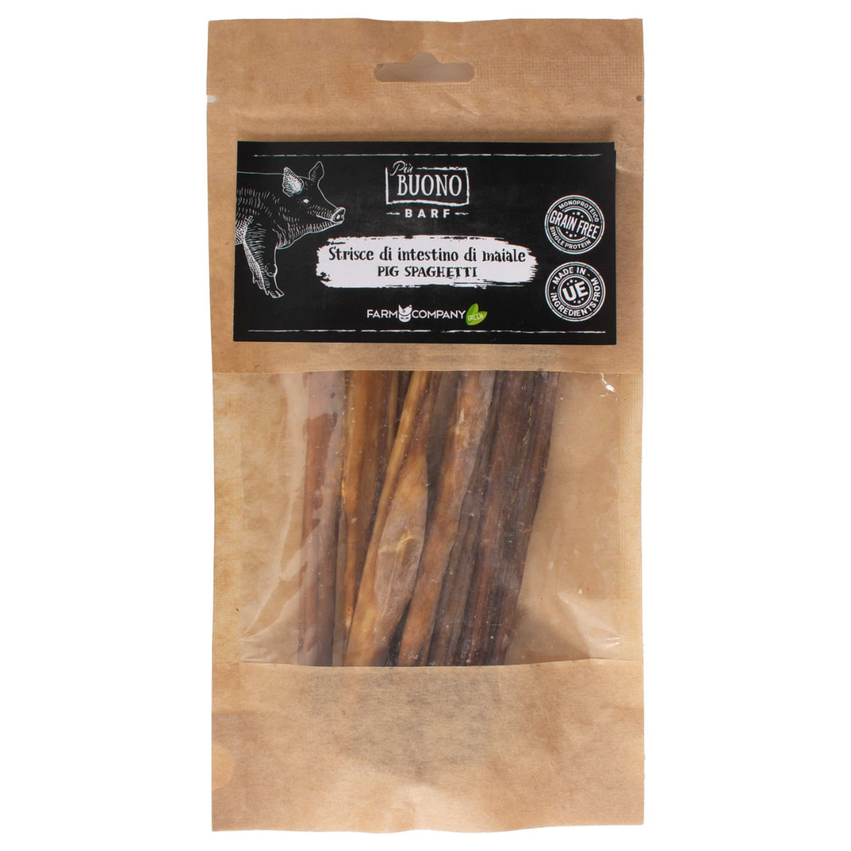 PIU BUONO Strips Intestine de Porc, XS-XL, punguță recompense câini, 50g - poza 1