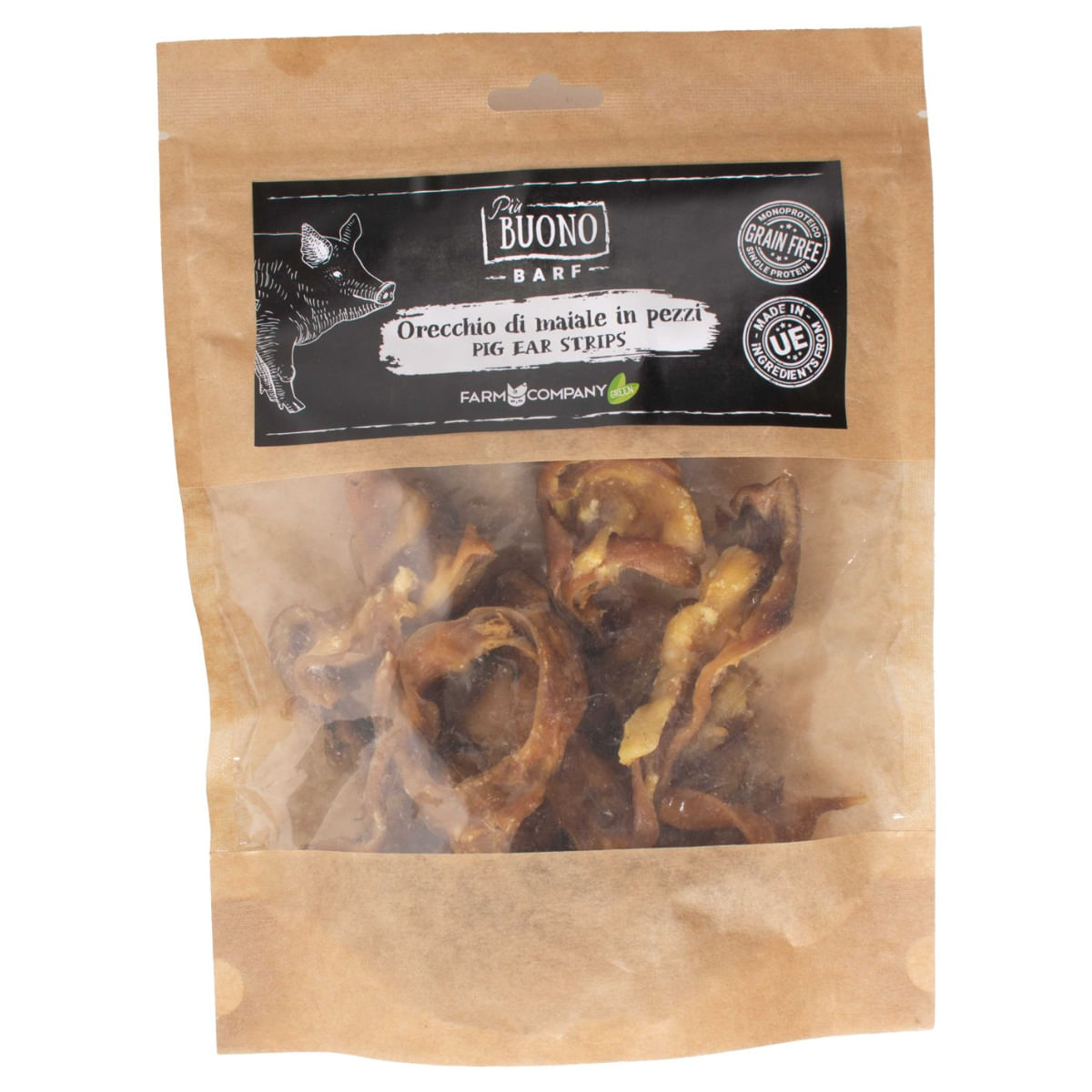 PIU BUONO Strips Urechi de Porc, XS-XL, punguță recompense câini, 150g - poza 1
