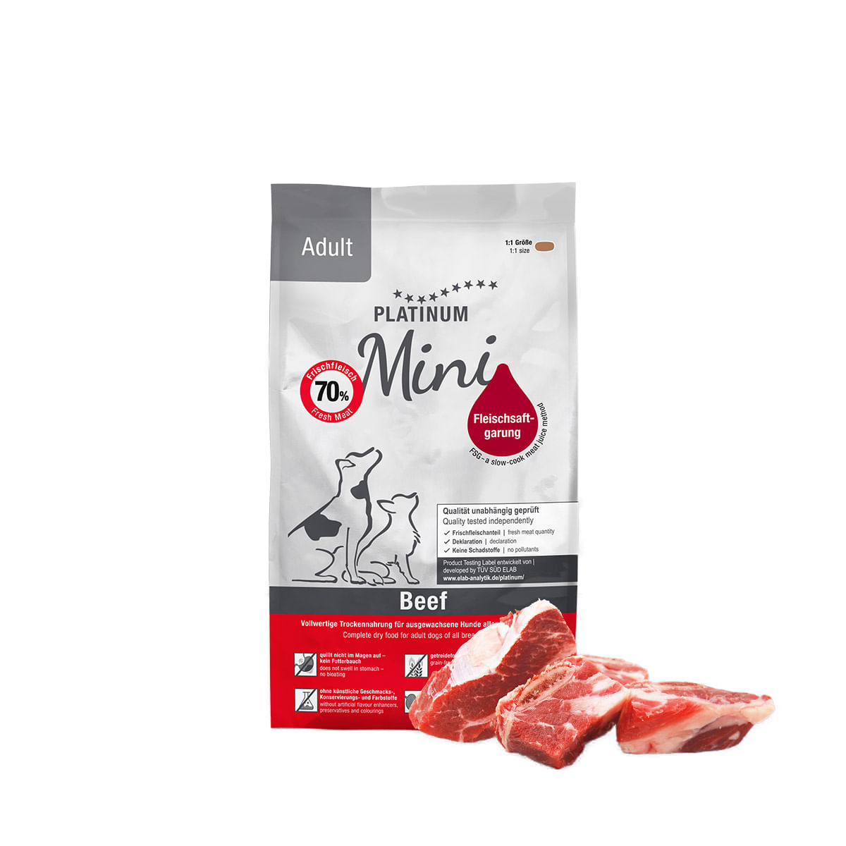 PLATINUM Adult Mini, XS-S, Vită, hrană uscată fără cereale câini, semimoist, 900g - poza 1