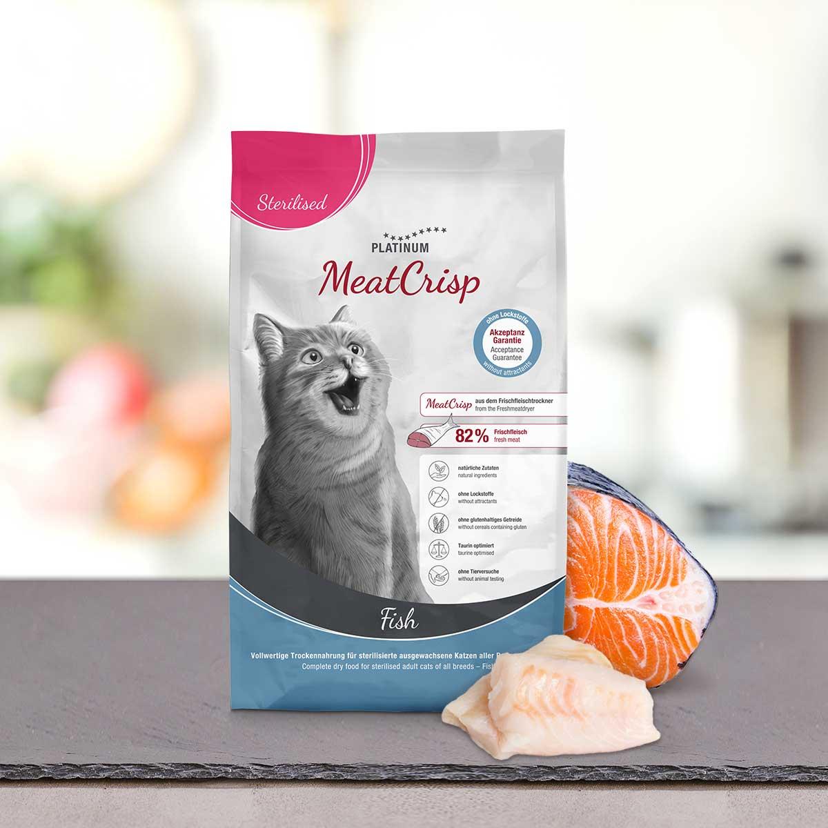 PLATINUM MeatCrisp Sterilised , Pește, hrană uscată pisici sterilizate, deshidratat, 1.5kg - poza 1