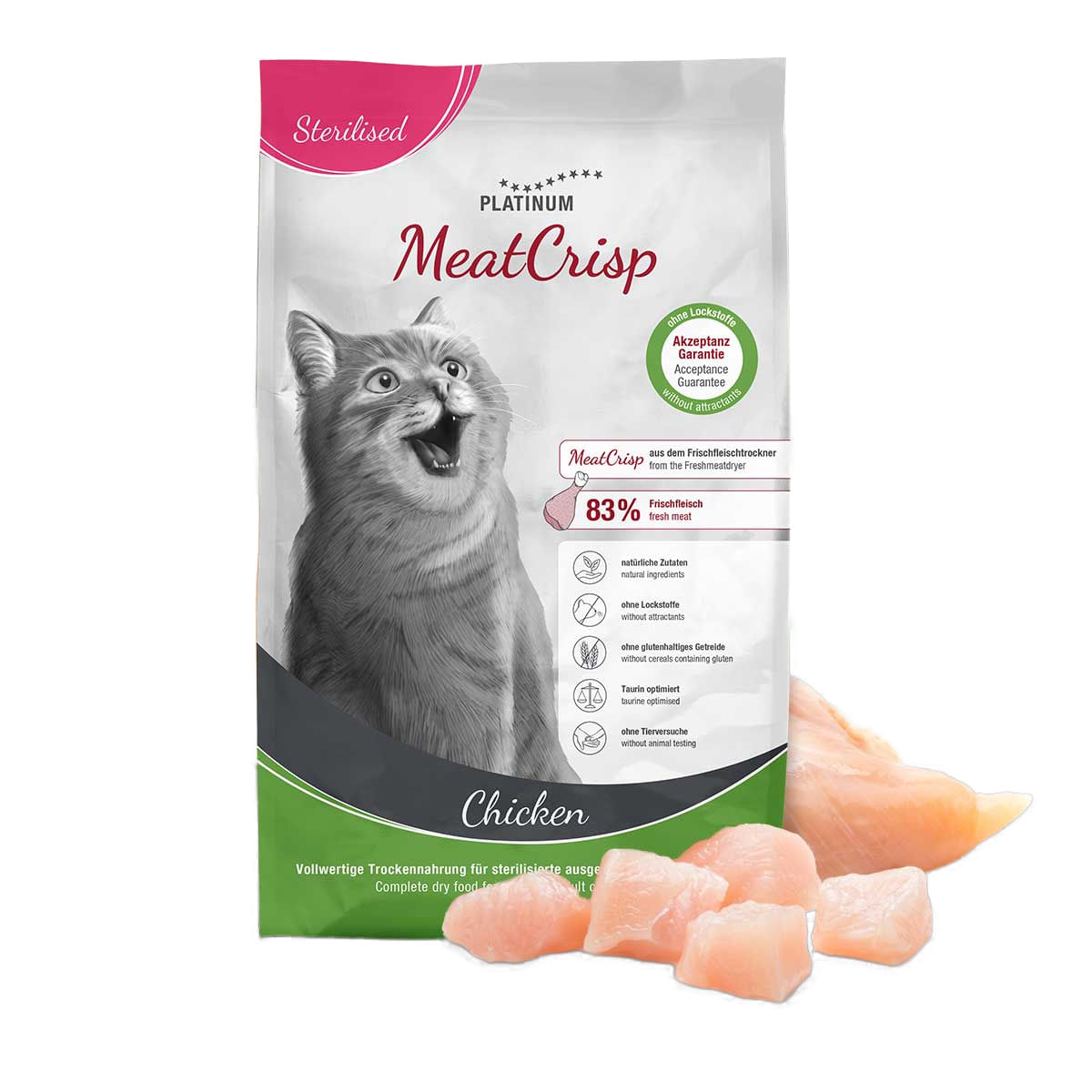 PLATINUM MeatCrisp Sterilised , Pui, hrană uscată pisici sterilizate, deshidratat, 3kg - poza 2