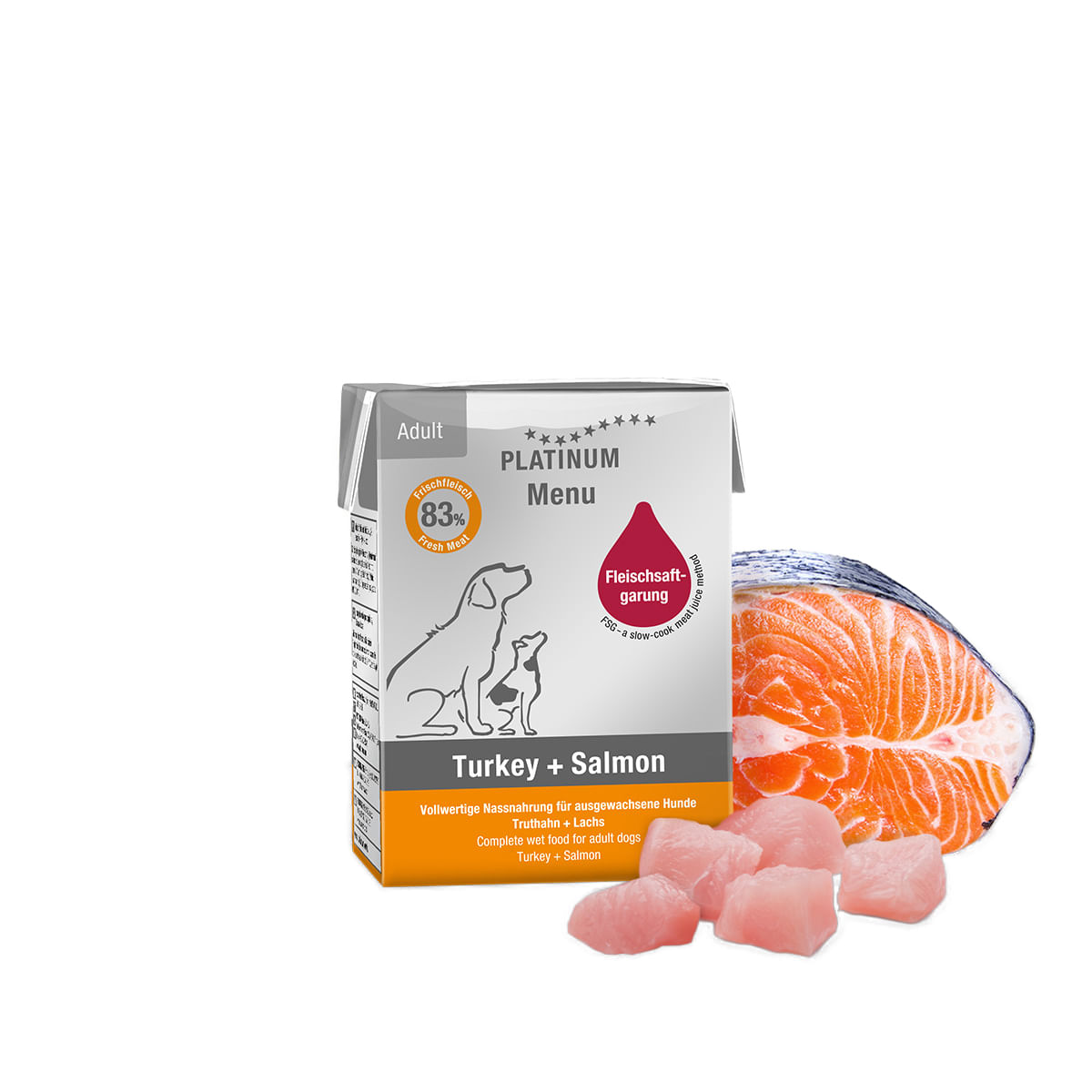 PLATINUM Menu Adult, XS-XL, Curcan și Somon, tetra pack hrană umedă fără cereale câini, (în suc propriu), 185g - poza 1