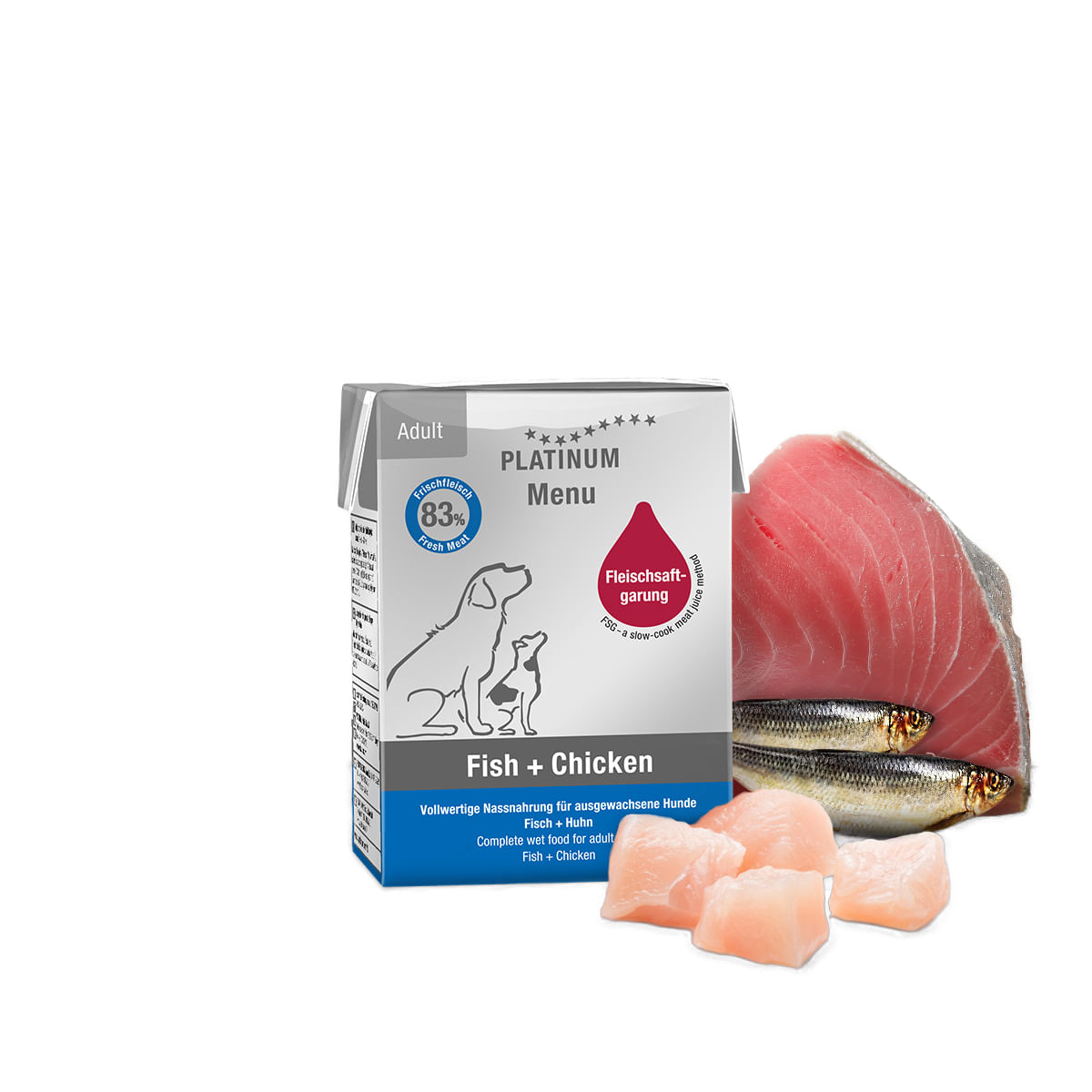 PLATINUM Menu Adult, XS-XL, Pește și Pui, tetra pack hrană umedă fără cereale câini, (în suc propriu), 185g - poza 2