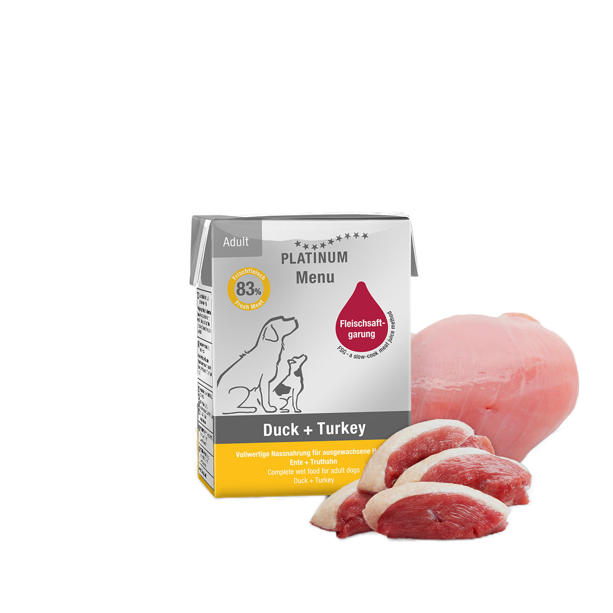 PLATINUM Menu Adult, XS-XL, Rață și Curcan, tetra pack hrană umedă fără cereale câini, (în suc propriu), 185g - poza 1