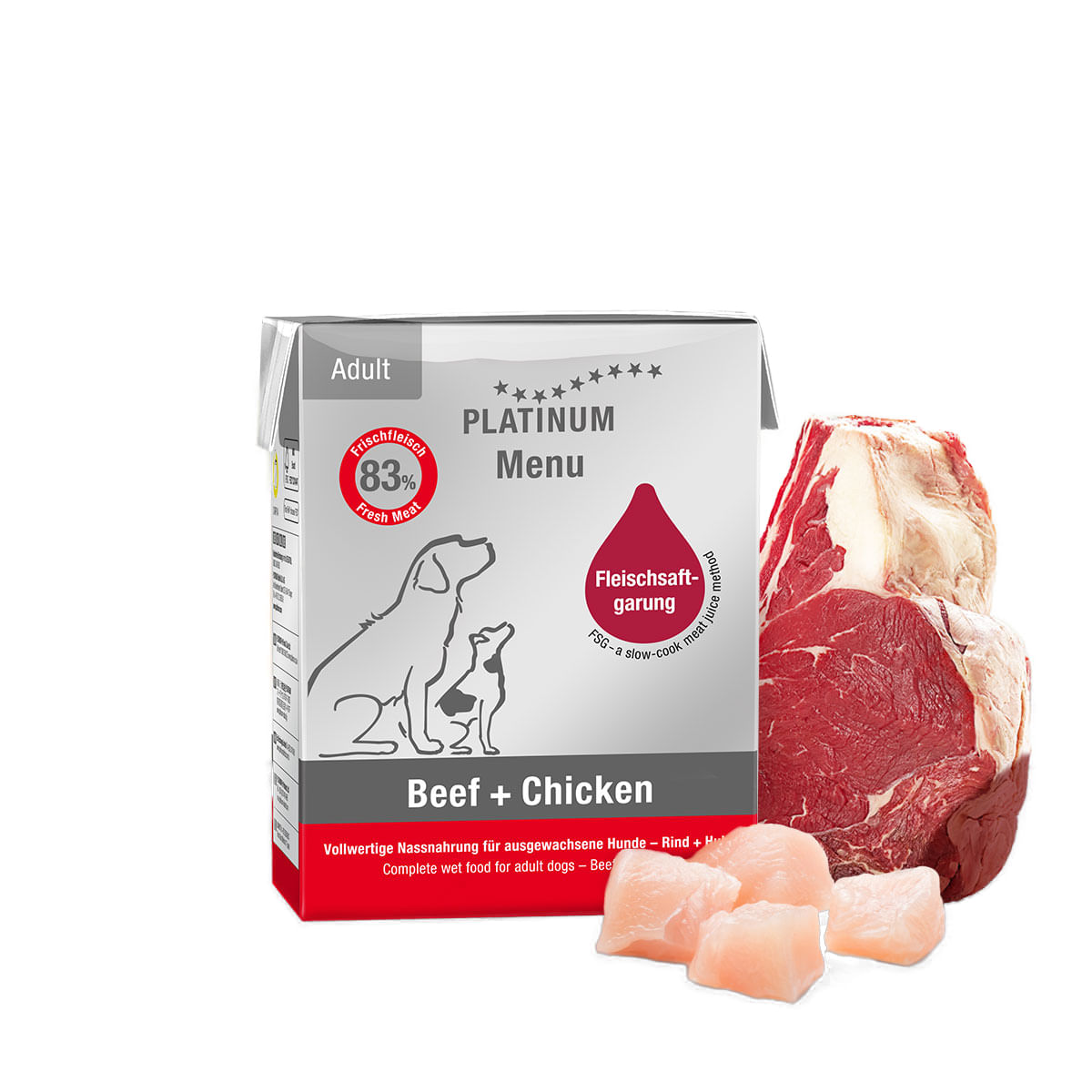 PLATINUM Menu Adult, XS-XL, Vită și Pui, tetra pack hrană umedă fără cereale câini, (în suc propriu), 185g - poza 2