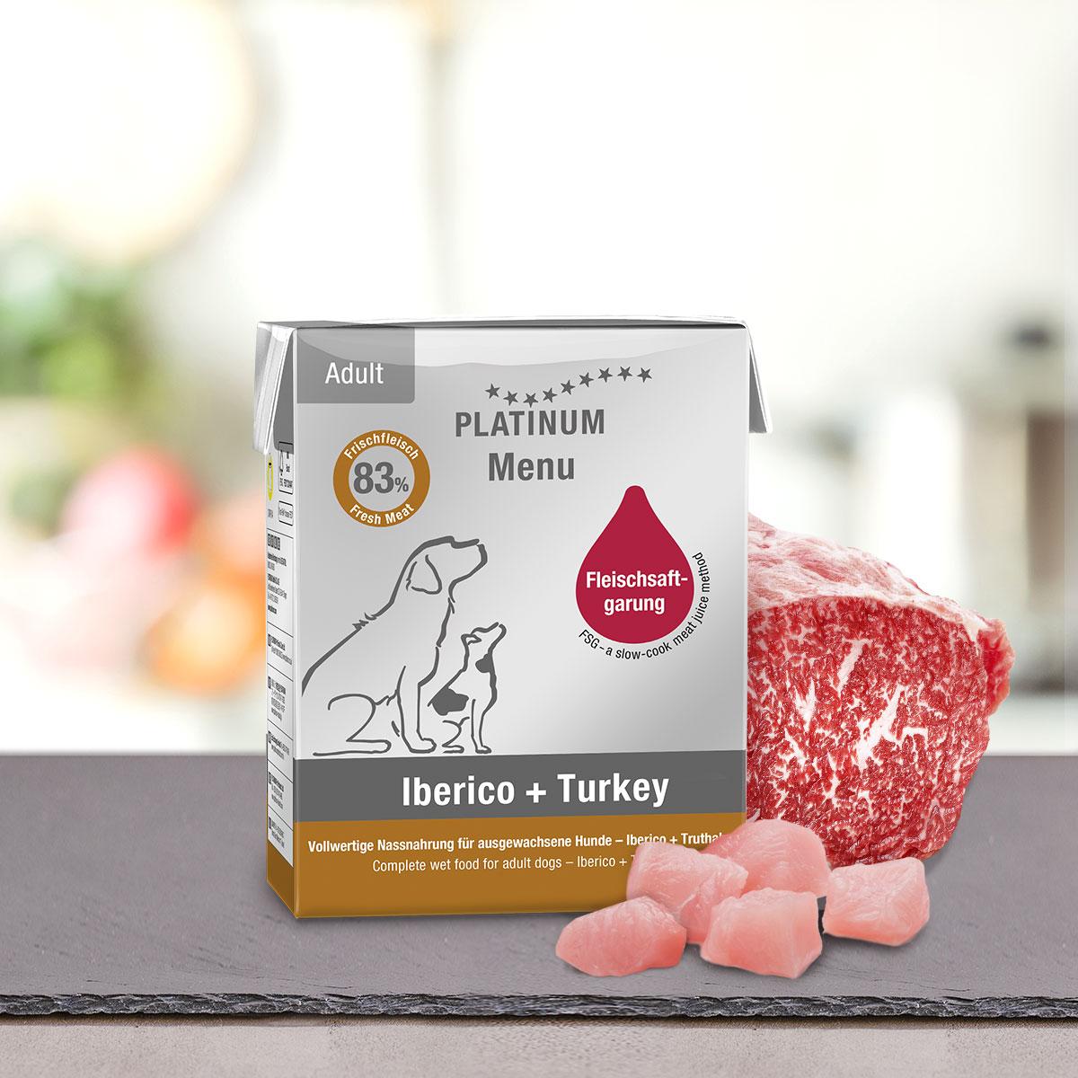 PLATINUM, XS-XL, Iberico și Curcan, tetra pack hrană umedă fără cereale câini, (în suc propriu), 185g - poza 1