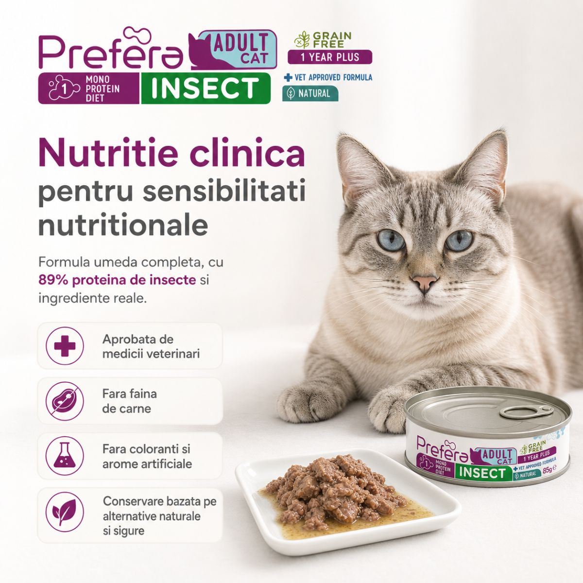 PREFERA MPD, Insecte, dietă veterinară, conservă hrană umedă monoproteică fără cereale pisici, (în suc propriu), 85g - poza 3