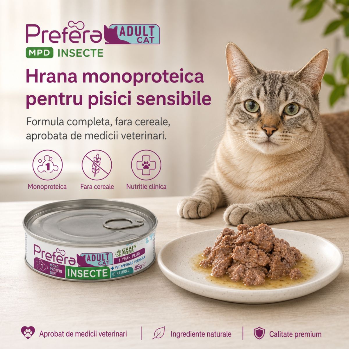 PREFERA MPD, Insecte, dietă veterinară, conservă hrană umedă monoproteică fără cereale pisici, (în suc propriu), 85g - poza 4