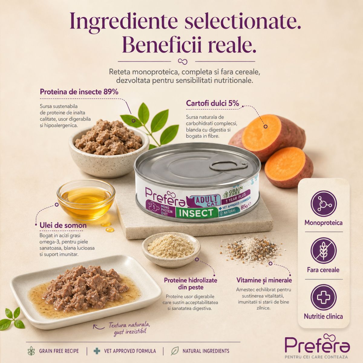 PREFERA MPD, Insecte, dietă veterinară, conservă hrană umedă monoproteică fără cereale pisici, (în suc propriu), 85g - poza 5