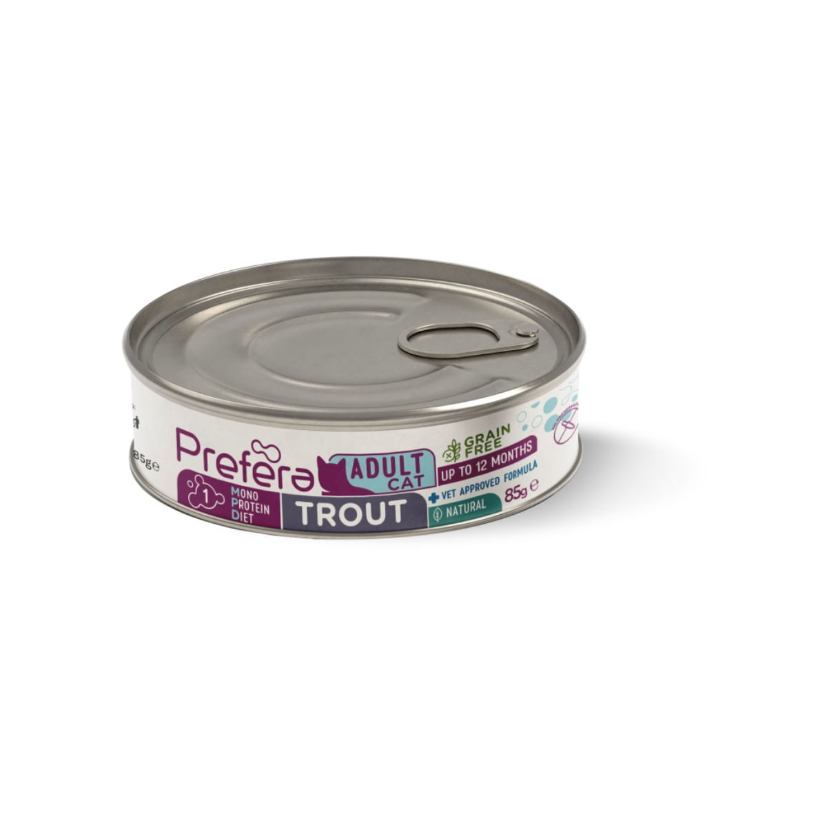 PREFERA MPD, Păstrăv, dietă veterinară, conservă hrană umedă monoproteică fără cereale pisici, (în suc propriu), 85g - poza 2