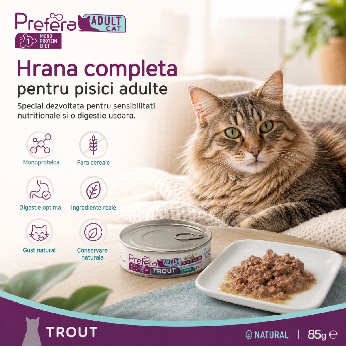 PREFERA MPD, Păstrăv, dietă veterinară, conservă hrană umedă monoproteică fără cereale pisici, (în suc propriu), 85g - poza 3
