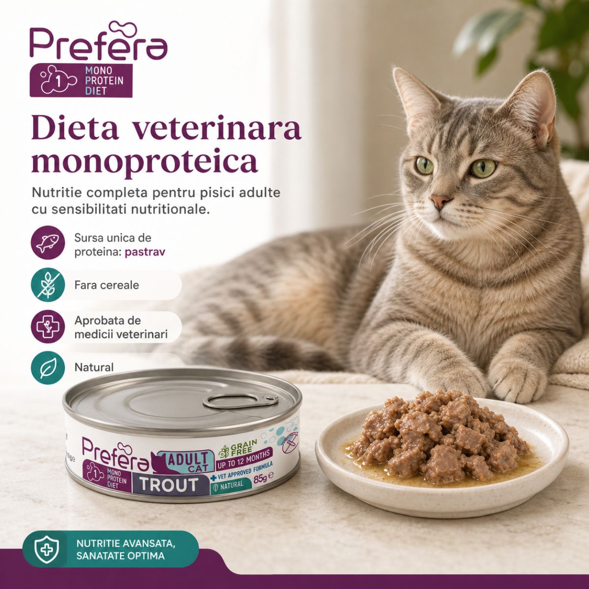 PREFERA MPD, Păstrăv, dietă veterinară, conservă hrană umedă monoproteică fără cereale pisici, (în suc propriu), 85g - poza 4