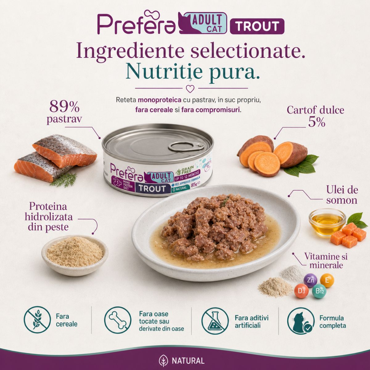 PREFERA MPD, Păstrăv, dietă veterinară, conservă hrană umedă monoproteică fără cereale pisici, (în suc propriu), 85g - poza 5