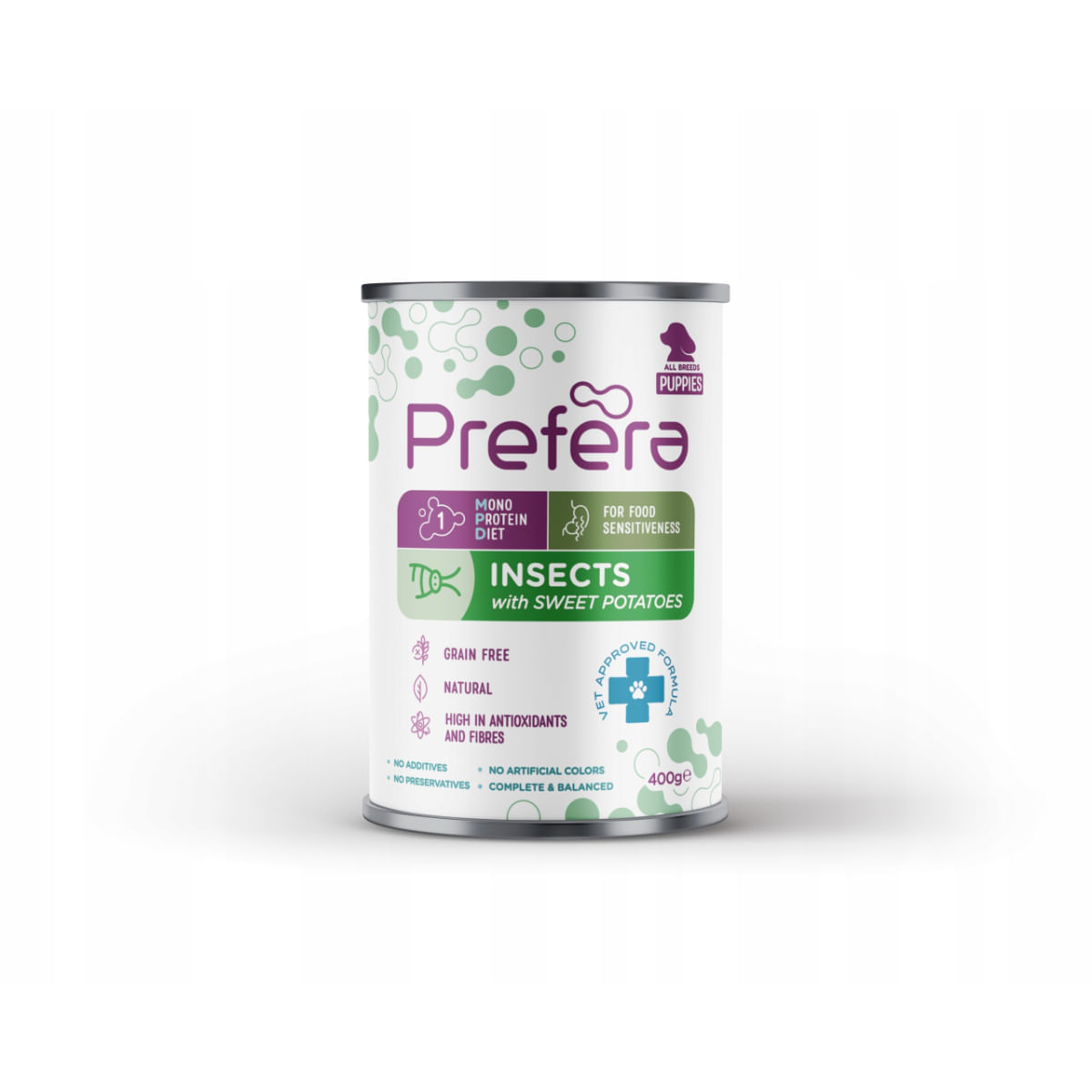 PREFERA MPD Puppies, XS-XL, Insecte, dietă veterinară, conservă hrană umedă monoproteică fără cereale câini junior, (în suc propriu), 400g - poza 2