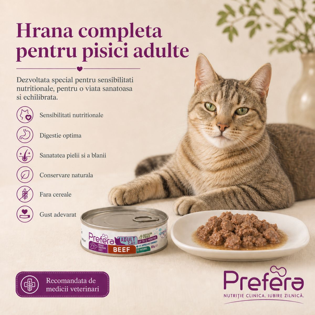 PREFERA MPD, Vită, dietă veterinară, conservă hrană umedă monoproteică fără cereale pisici, (în suc propriu), 85g - poza 3