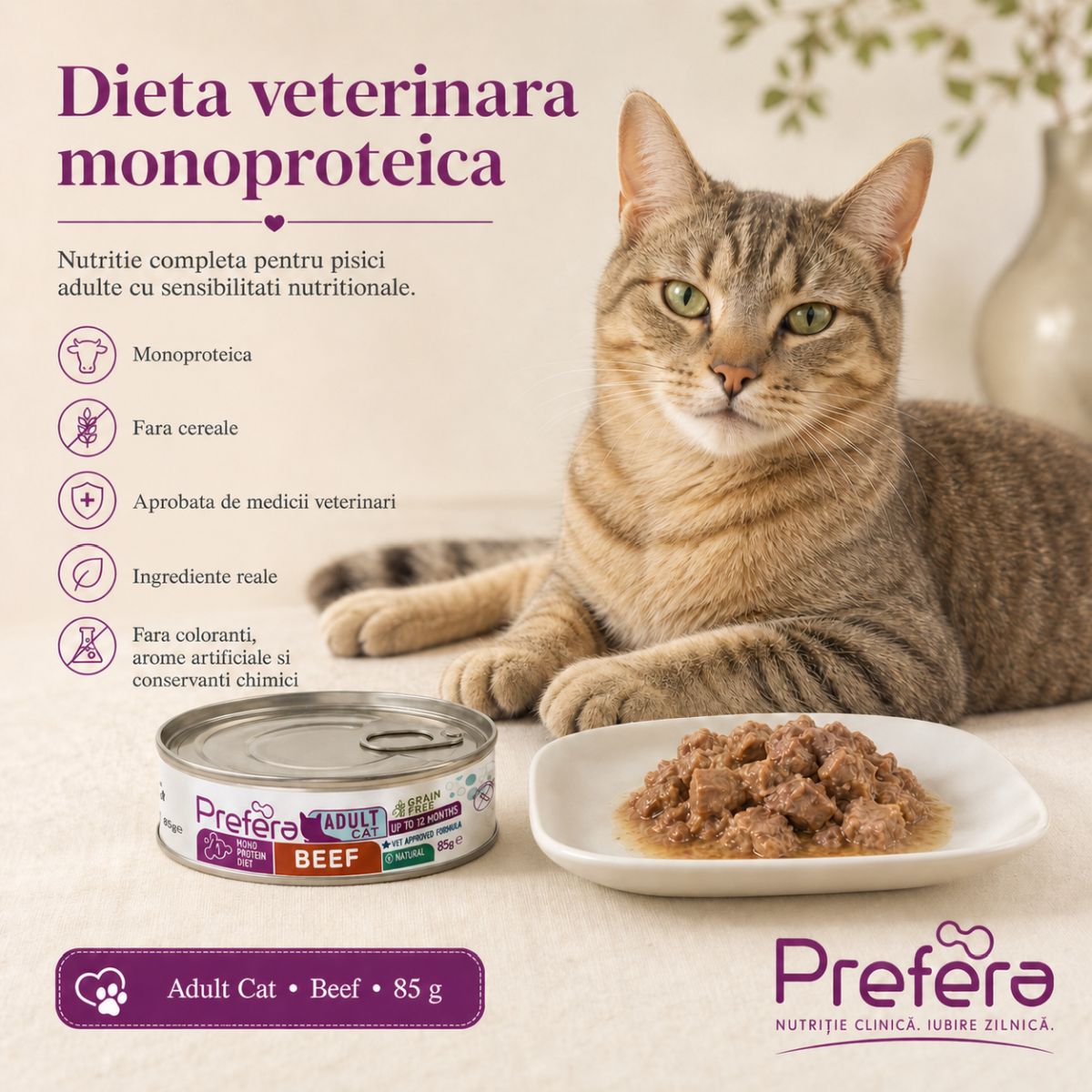 PREFERA MPD, Vită, dietă veterinară, conservă hrană umedă monoproteică fără cereale pisici, (în suc propriu), 85g - poza 4