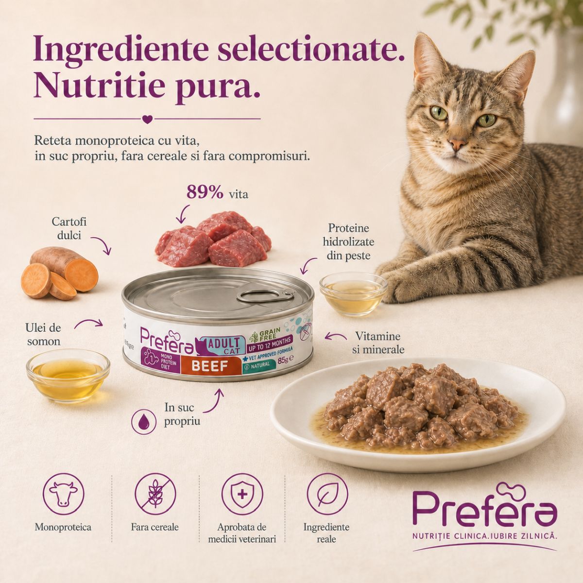 PREFERA MPD, Vită, dietă veterinară, conservă hrană umedă monoproteică fără cereale pisici, (în suc propriu), 85g - poza 5