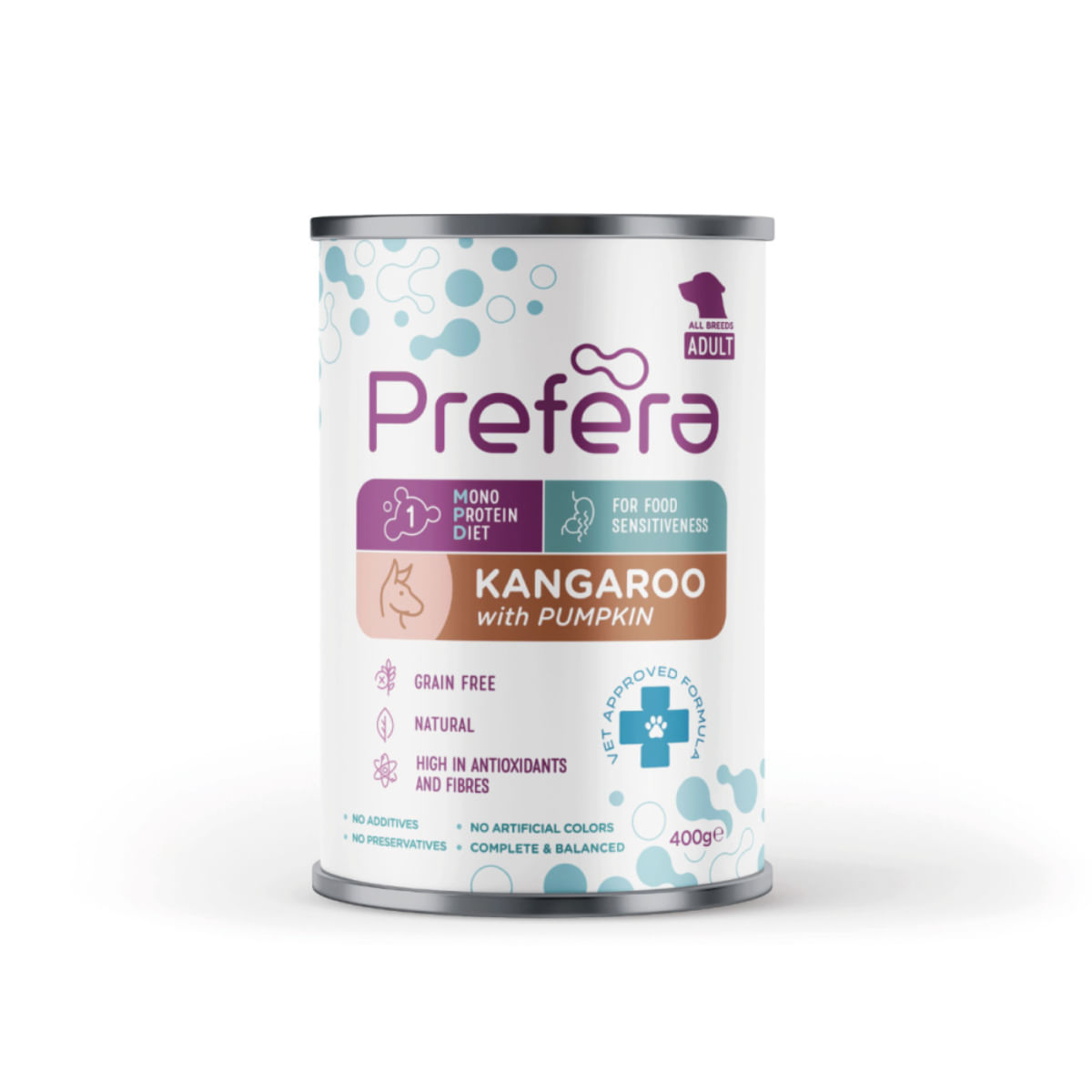 PREFERA MPD XS-XL, Cangur, dietă veterinară, conservă hrană umedă monoproteică fără cereale câini, (în suc propriu), 400g - poza 1