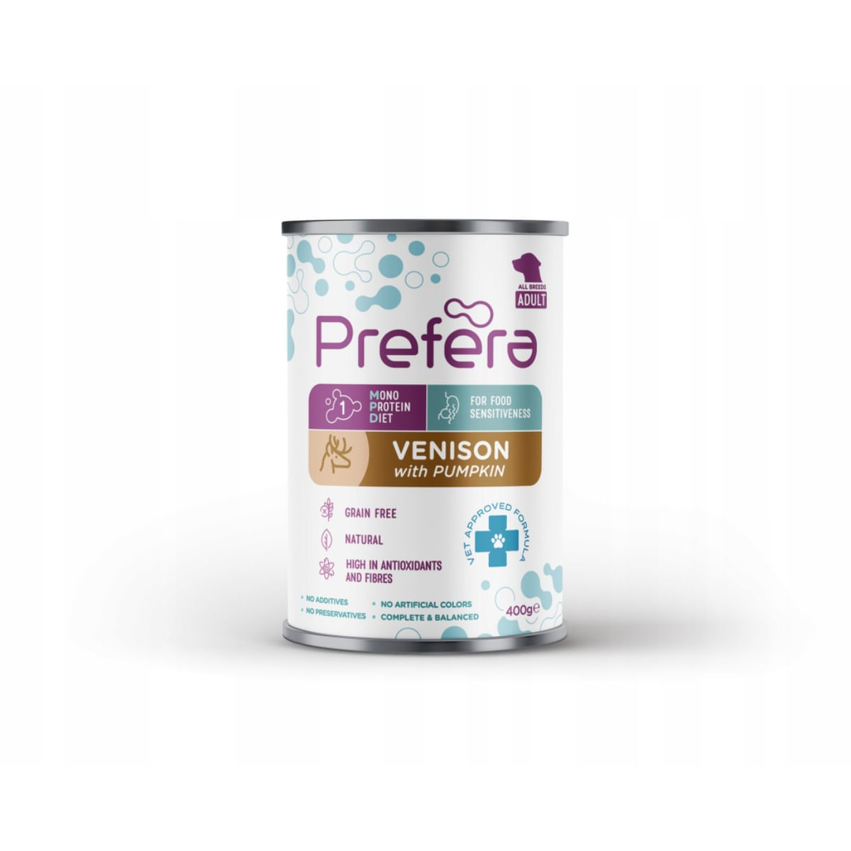 PREFERA MPD, XS-XL, Căprioară și dovleac, dietă veterinară, conservă hrană umedă monoproteică fără cereale câini, (în suc propriu), 400g - poza 1