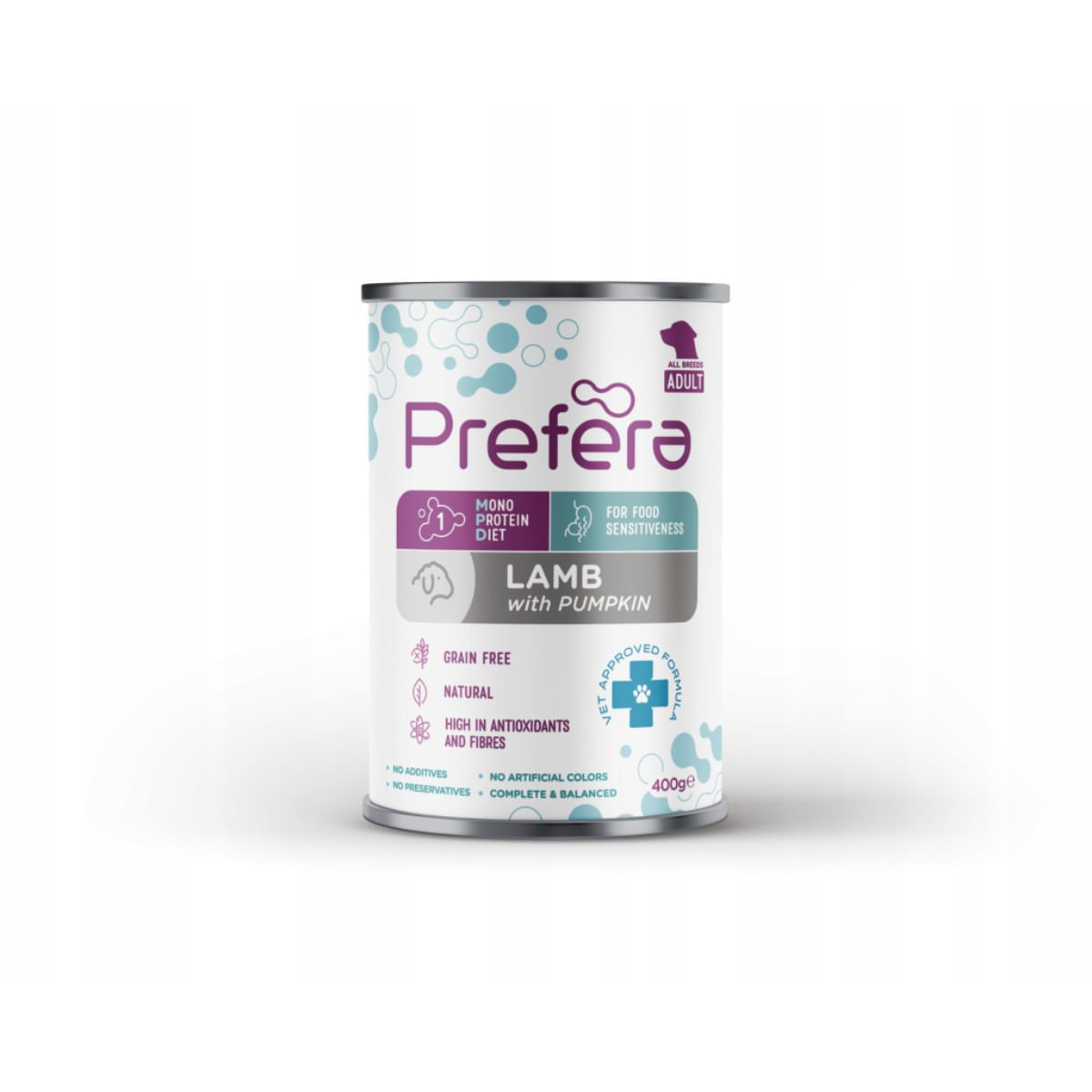 PREFERA MPD, XS-XL, Miel și dovleac, dietă veterinară, conservă hrană umedă monoproteică fără cereale câini, (în suc propriu), 400g