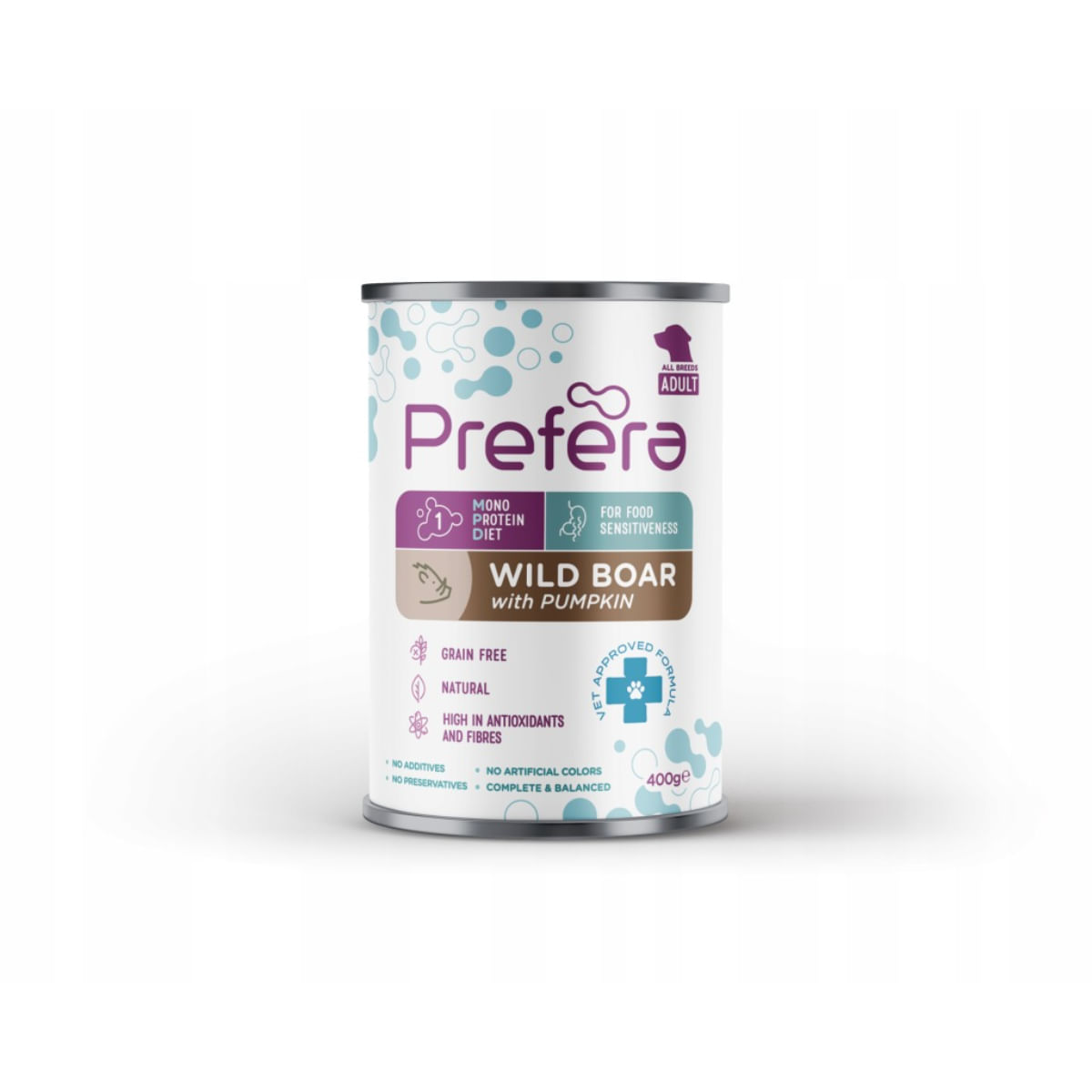 PREFERA MPD, XS-XL, Mistreț și dovleac, dietă veterinară, conservă hrană umedă monoproteică fără cereale câini, (în suc propriu), 400g - poza 2