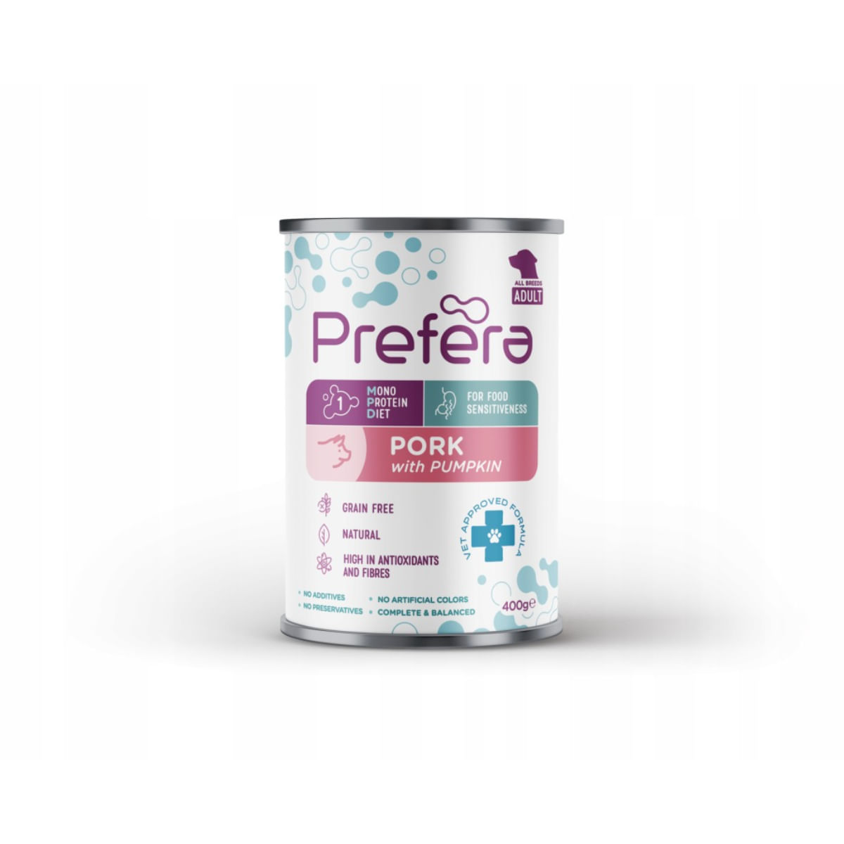 PREFERA MPD, XS-XL, Porc și dovleac, dietă veterinară, conservă hrană umedă monoproteică fără cereale câini, (în suc propriu), 400g
