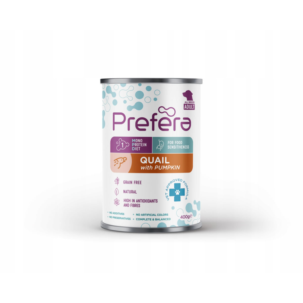 PREFERA MPD, XS-XL, Prepeliță și dovleac, dietă veterinară, conservă hrană umedă monoproteică fără cereale câini, (în suc propriu), 400g - poza 2