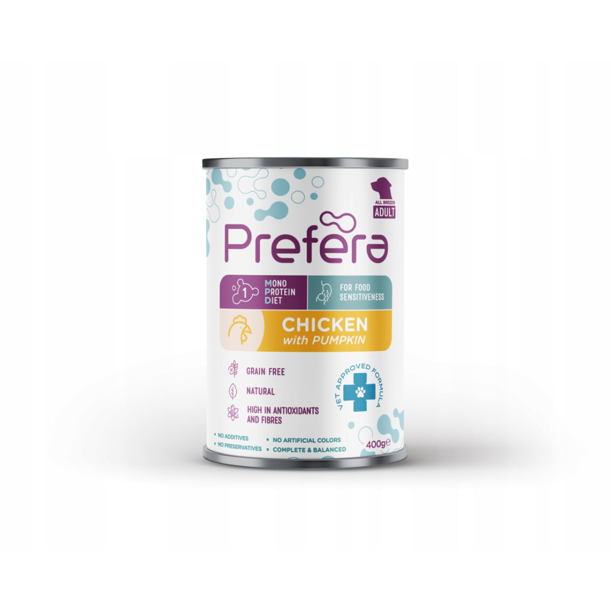 PREFERA MPD, XS-XL, Pui și dovleac, dietă veterinară, conservă hrană umedă monoproteică fără cereale câini, (în suc propriu), 400g - poza 1