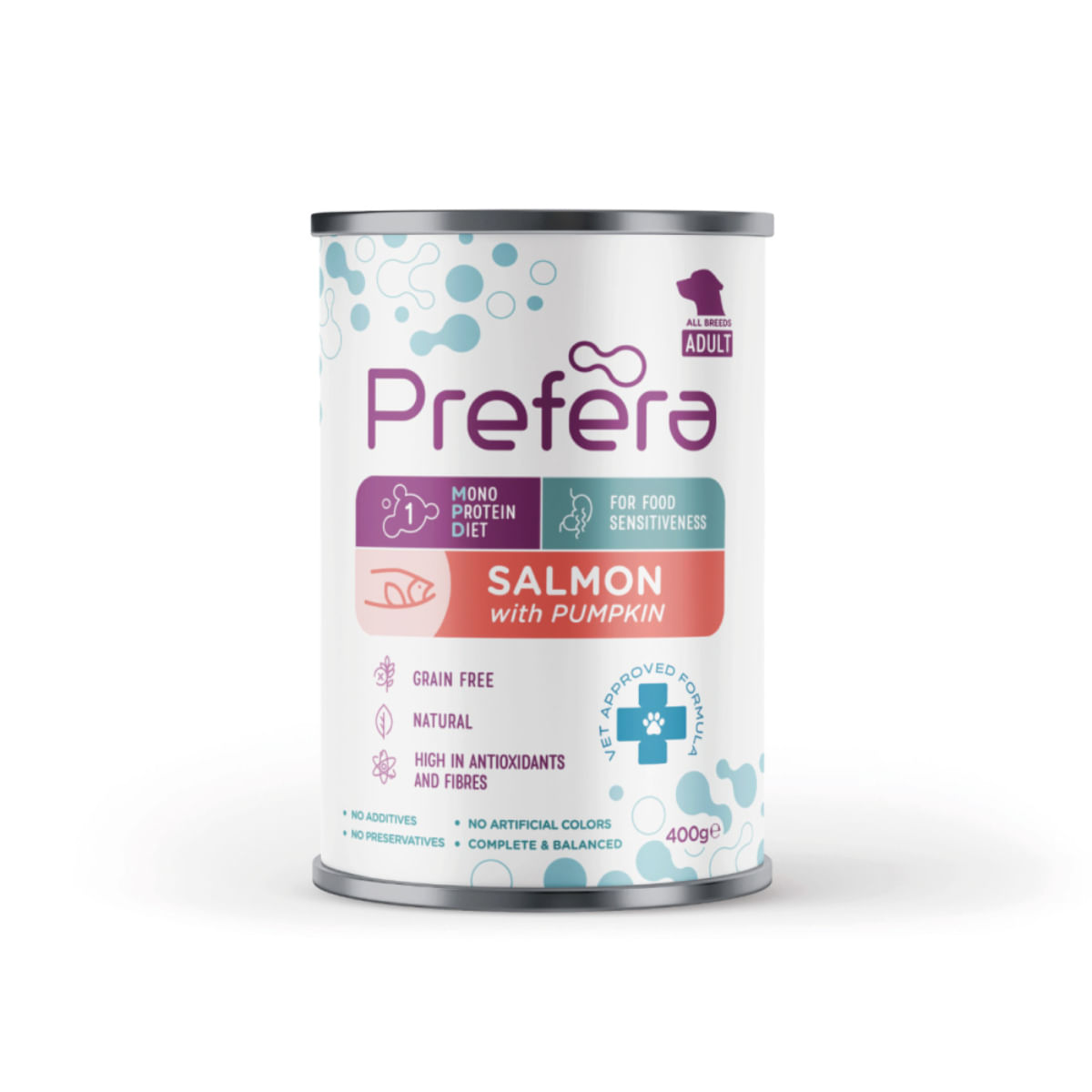 PREFERA MPD, XS-XL, Somon și dovleac, dietă veterinară, conservă hrană umedă monoproteică fără cereale câini, (în suc propriu), 400g - poza 2