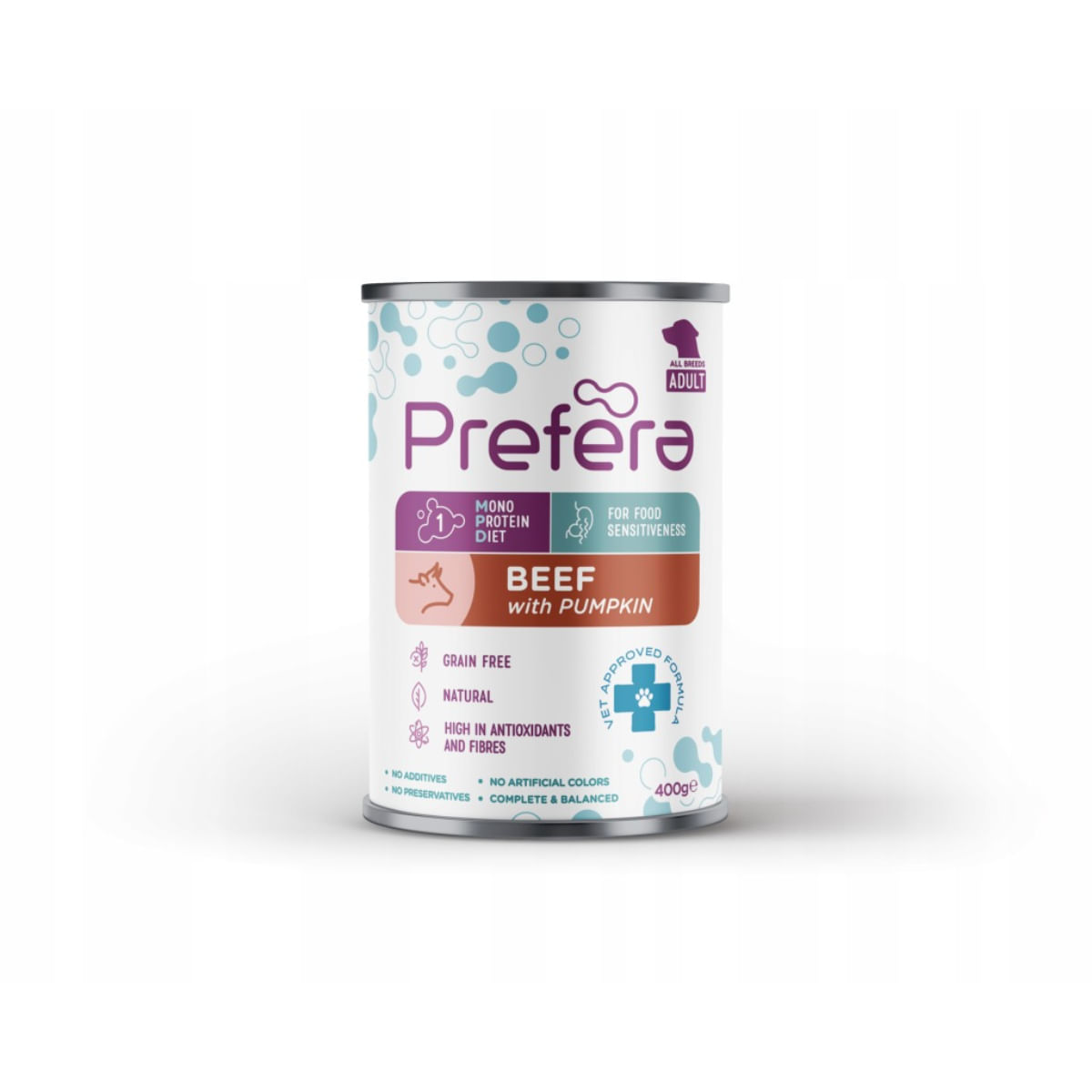 PREFERA MPD, XS-XL, Vită și dovleac, dietă veterinară, conservă hrană umedă monoproteică fără cereale câini, (în suc propriu), 400g - poza 2