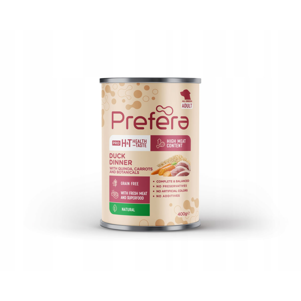 PREFERA Pro H&T Dinner, XS-XL, Rață și Quinoa, conservă hrană umedă fără cereale câini, (pate), 400g - poza 2